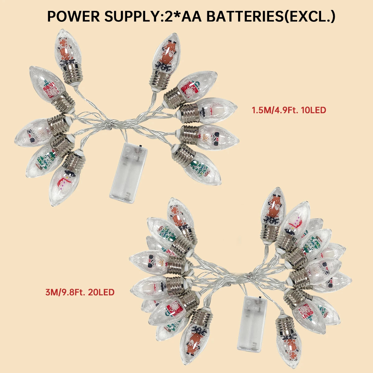 Kerst sneeuwbal lichtslinger β 10/20 LED lampjes op batterij