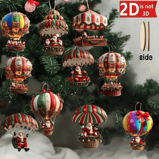 Kerst Houten Hangers – Set van 10 Luchtballon Kerstman Ornamenten – Feestelijke Decoratie & Cadeau 2026